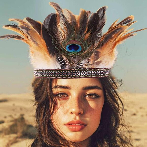 Feather Headdress Indian Headband Peacock Native American Costume Accessory main image 4